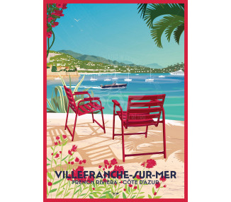 DOZ affiches vintage : Villefranche-sur-mer, French Riviera, chaises rouge