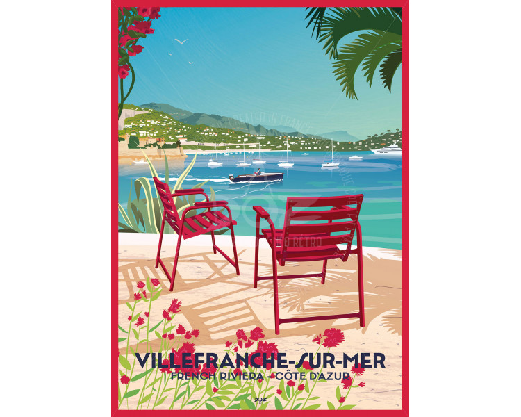 DOZ affiches vintage : Villefranche-sur-mer, French Riviera, chaises rouge
