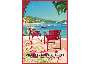 DOZ affiches vintage : Villefranche-sur-mer, French Riviera, chaises rouge
