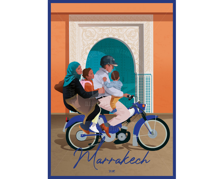 Affiche DOZ - Maroc - Marrakech - Famille Mobylette Affiche DOZ - Maroc - Marrakech - Famille Mobylette